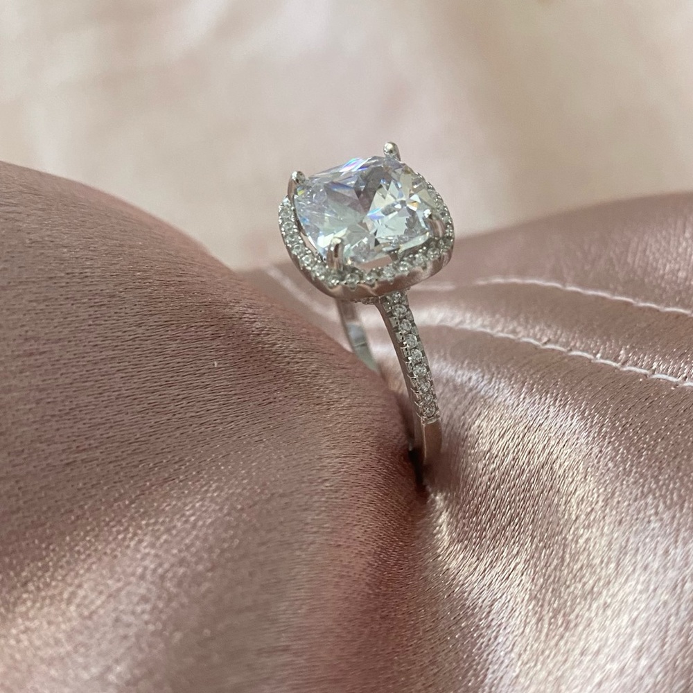 Classic Solitaire Halo Engagement Ring in Silver with Clear Stone - Picture 1 of 6